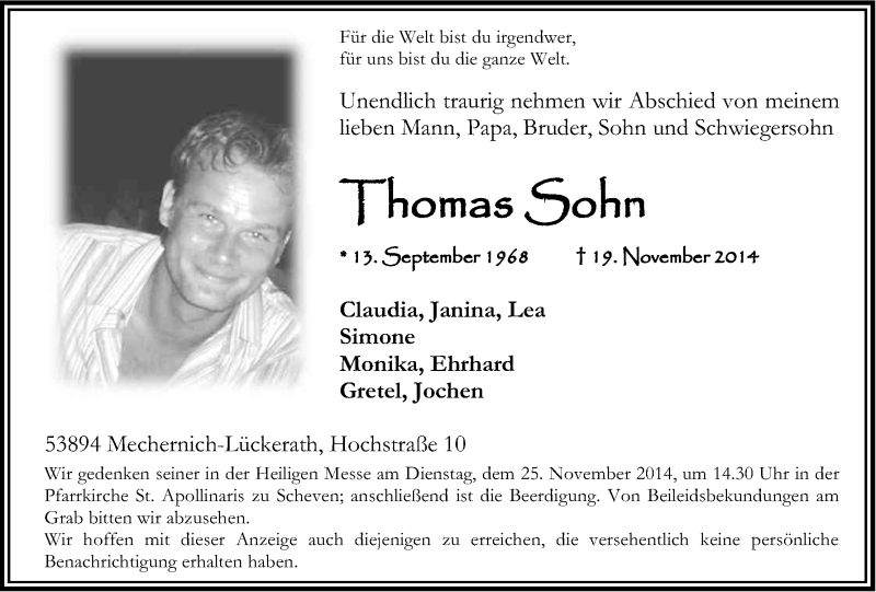  Traueranzeige für Thomas Sohn vom 22.11.2014 aus Kölner Stadt-Anzeiger / Kölnische Rundschau / Express