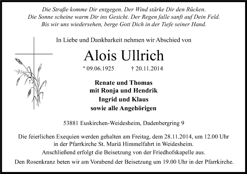  Traueranzeige für Alois Ullrich vom 24.11.2014 aus Kölner Stadt-Anzeiger / Kölnische Rundschau / Express