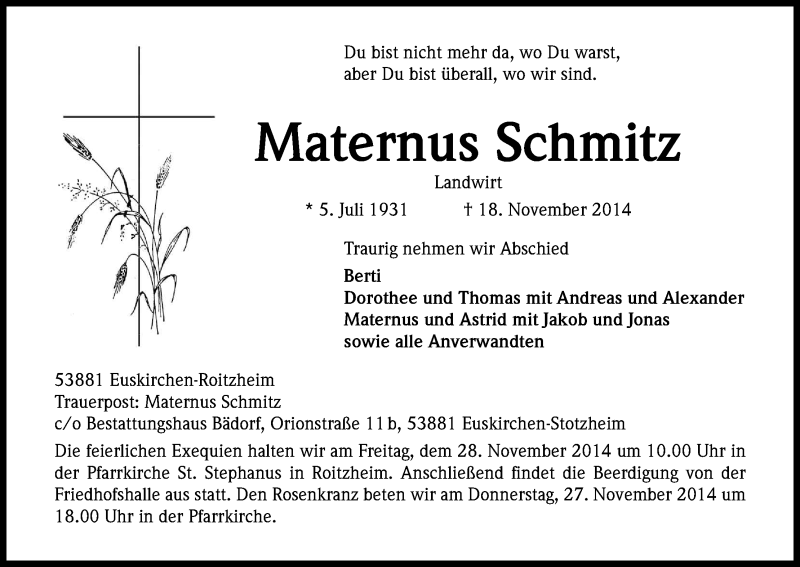  Traueranzeige für Maternus Schmitz vom 25.11.2014 aus Kölner Stadt-Anzeiger / Kölnische Rundschau / Express