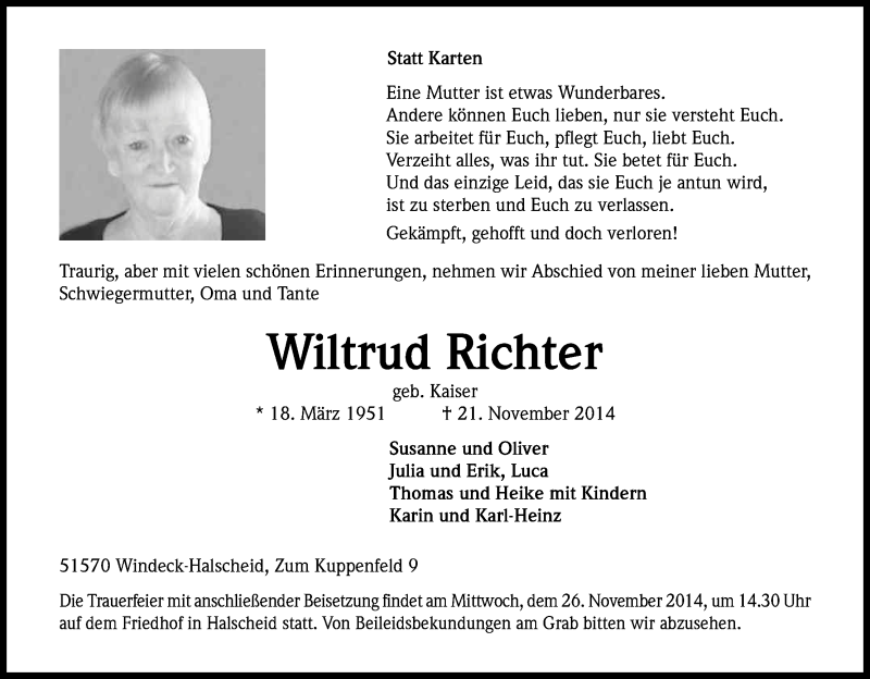  Traueranzeige für Wiltrud Richter vom 24.11.2014 aus Kölner Stadt-Anzeiger / Kölnische Rundschau / Express