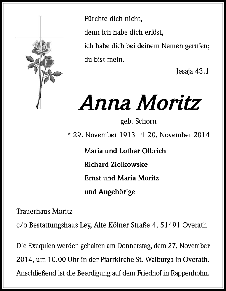  Traueranzeige für Anna Moritz vom 24.11.2014 aus Kölner Stadt-Anzeiger / Kölnische Rundschau / Express