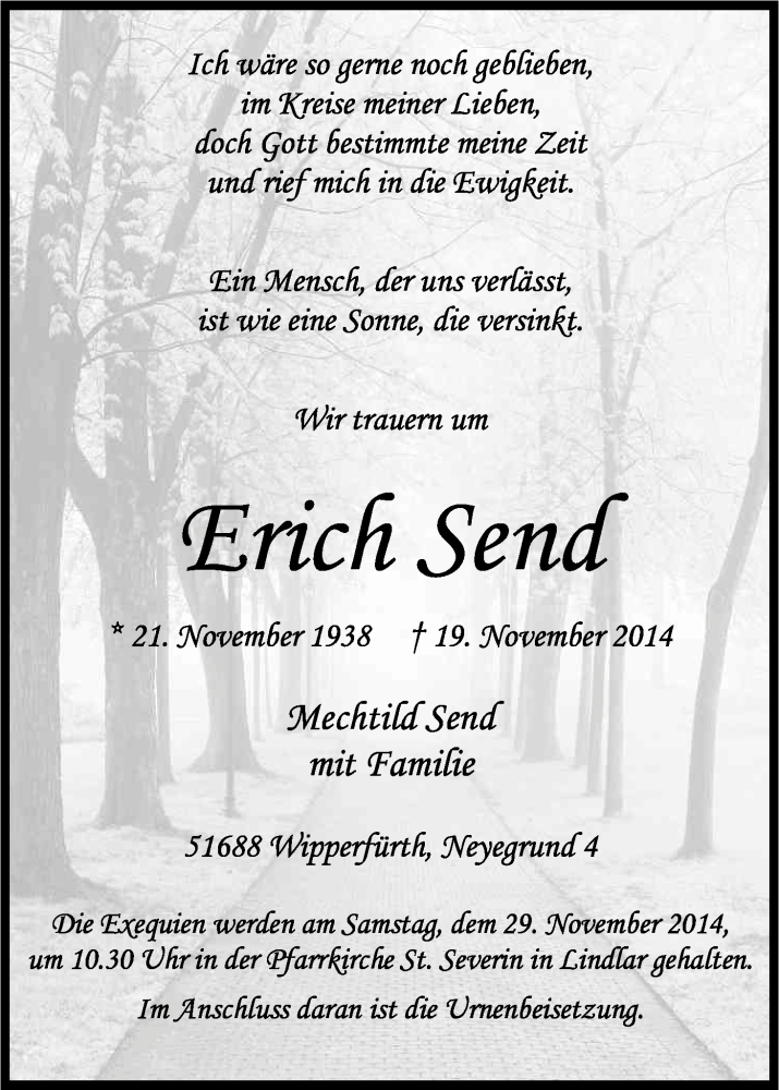  Traueranzeige für Erich Send vom 25.11.2014 aus Kölner Stadt-Anzeiger / Kölnische Rundschau / Express
