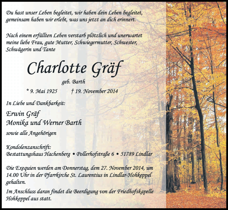  Traueranzeige für Charlotte Gräf vom 24.11.2014 aus Kölner Stadt-Anzeiger / Kölnische Rundschau / Express