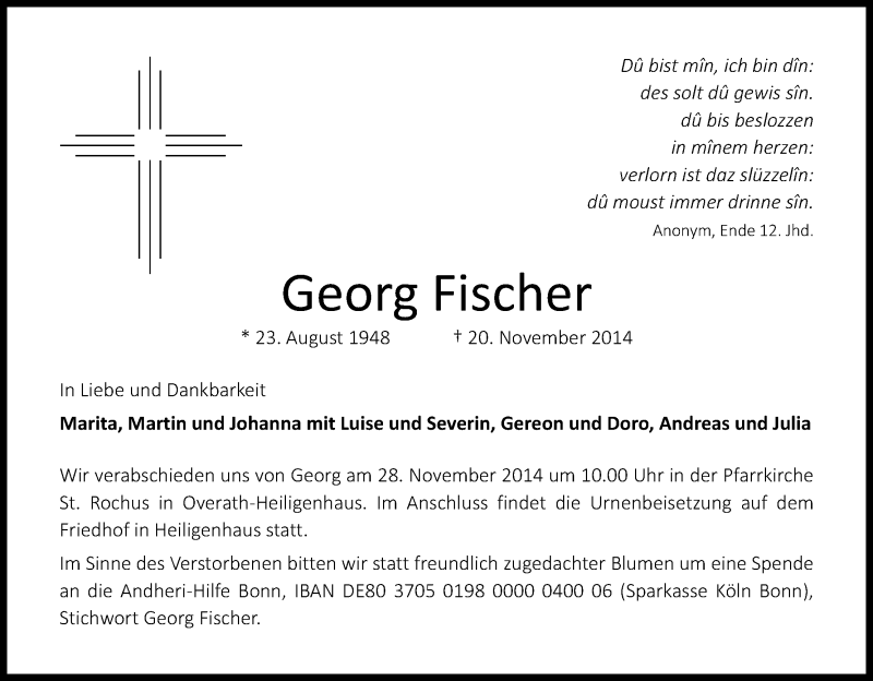  Traueranzeige für Georg Fischer vom 24.11.2014 aus Kölner Stadt-Anzeiger / Kölnische Rundschau / Express
