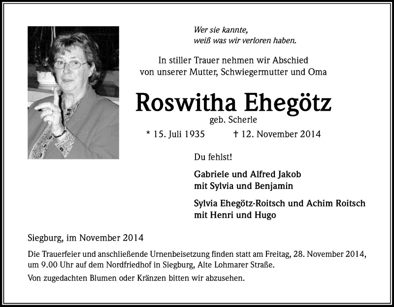  Traueranzeige für Roswitha Ehegötz vom 25.11.2014 aus Kölner Stadt-Anzeiger / Kölnische Rundschau / Express