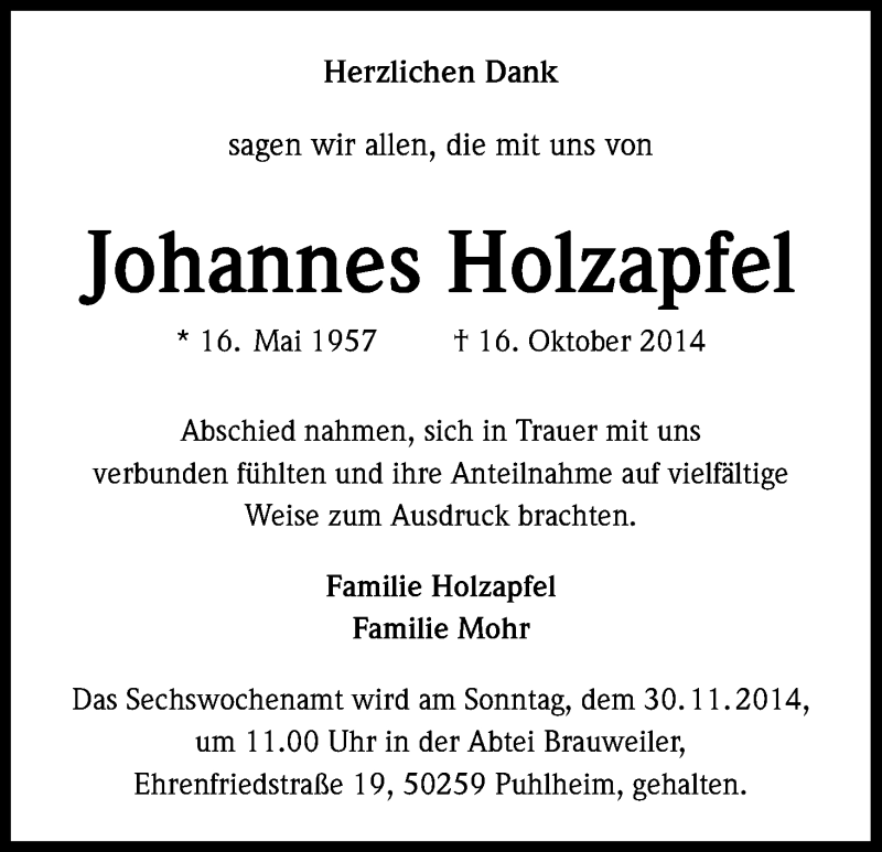  Traueranzeige für Johannes Holzapfel vom 26.11.2014 aus Kölner Stadt-Anzeiger / Kölnische Rundschau / Express