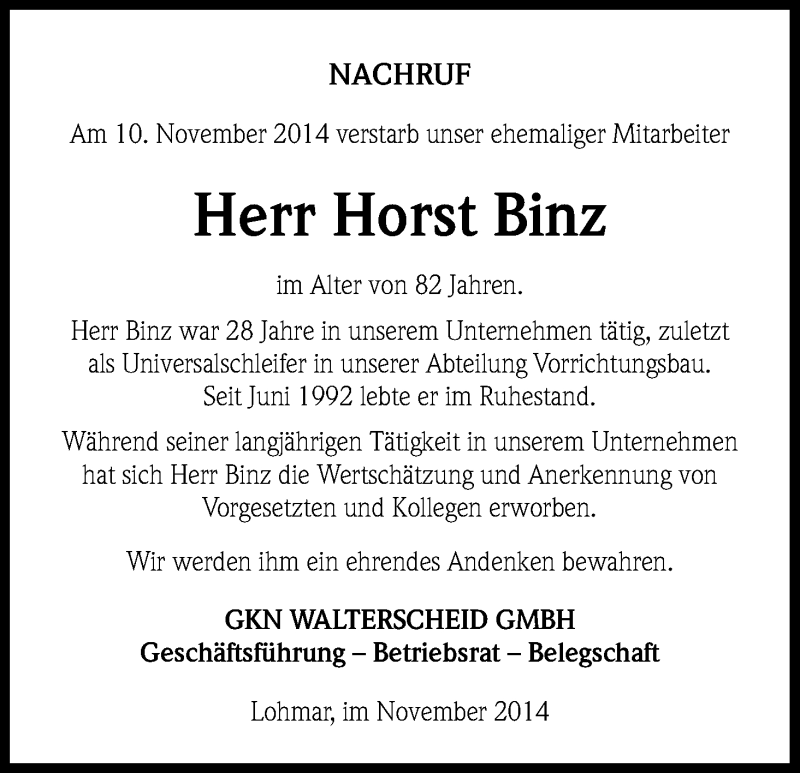  Traueranzeige für Horst Binz vom 25.11.2014 aus Kölner Stadt-Anzeiger / Kölnische Rundschau / Express
