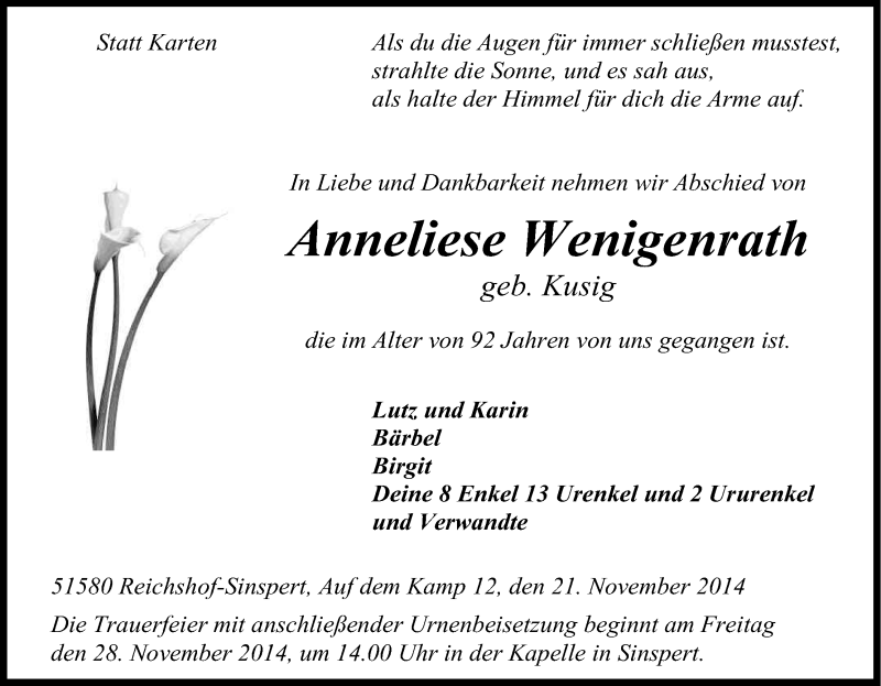  Traueranzeige für Anneliese Wenigenrath vom 25.11.2014 aus Kölner Stadt-Anzeiger / Kölnische Rundschau / Express