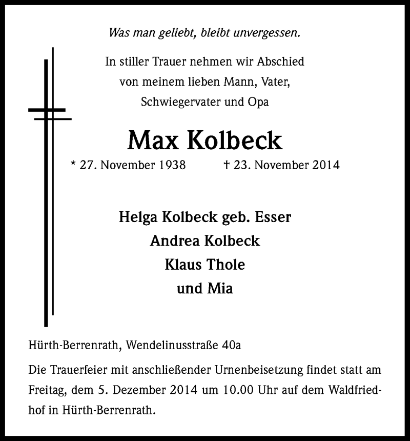  Traueranzeige für Max Kolbeck vom 29.11.2014 aus Kölner Stadt-Anzeiger / Kölnische Rundschau / Express