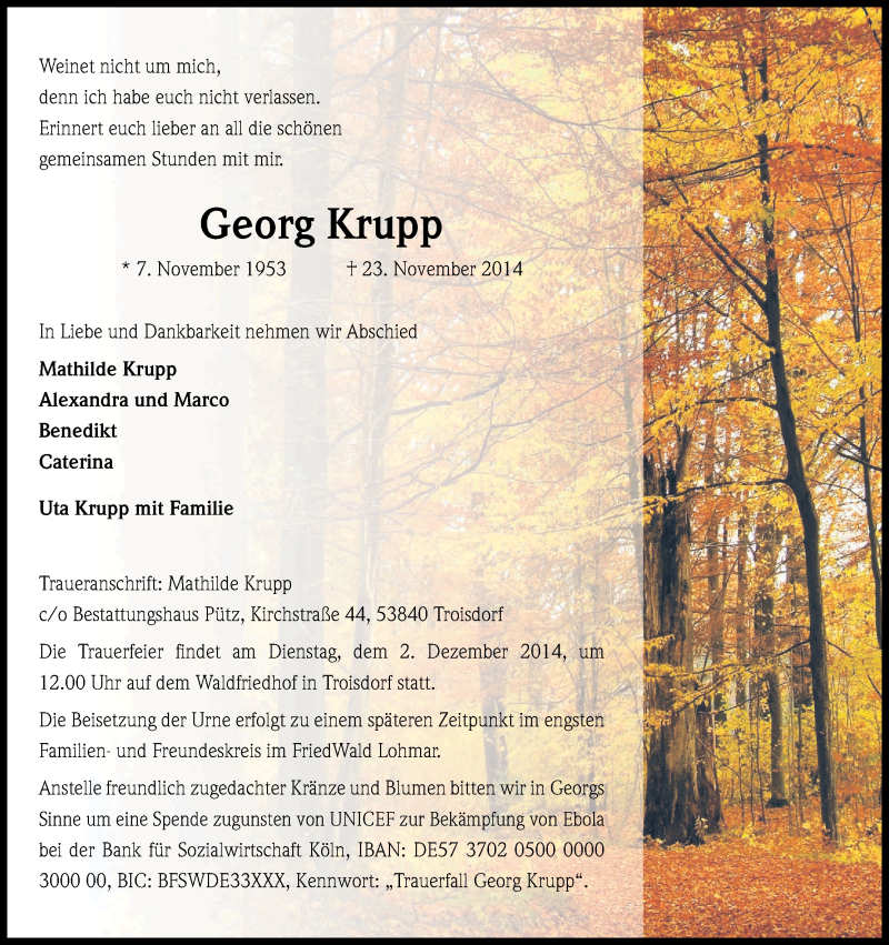  Traueranzeige für Georg Krupp vom 27.11.2014 aus Kölner Stadt-Anzeiger / Kölnische Rundschau / Express