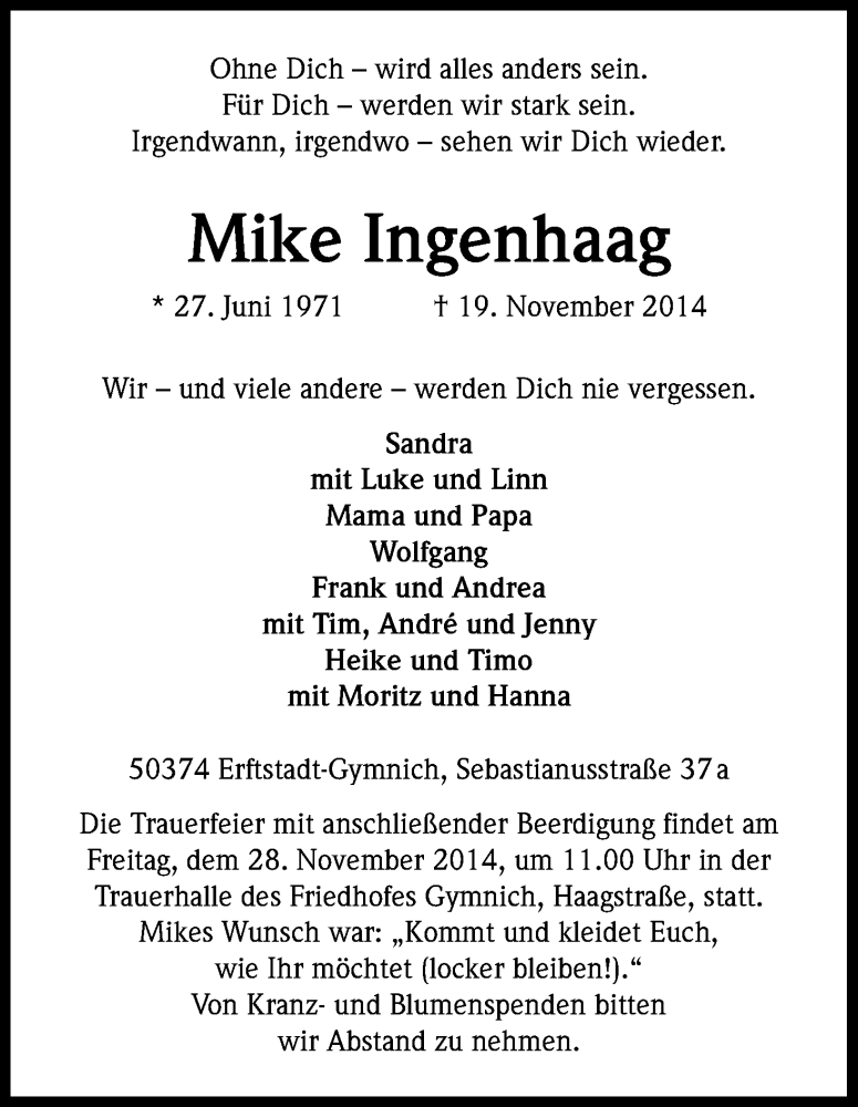  Traueranzeige für Mike Ingenhaag vom 26.11.2014 aus Kölner Stadt-Anzeiger / Kölnische Rundschau / Express