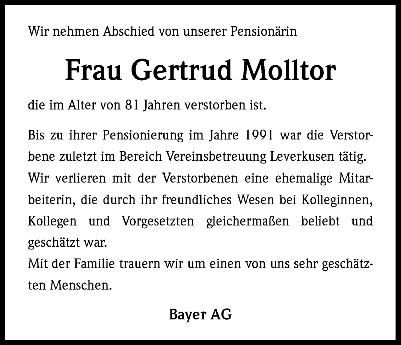  Traueranzeige für Gertrud Molltor vom 27.11.2014 aus Kölner Stadt-Anzeiger / Kölnische Rundschau / Express