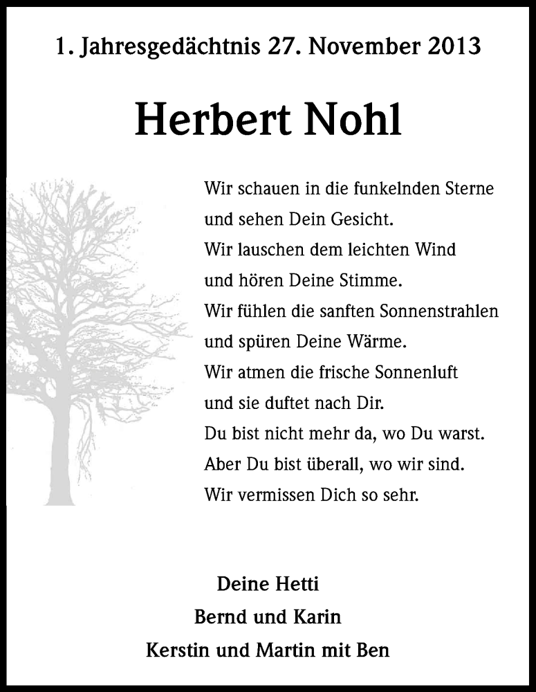  Traueranzeige für Herbert Nohl vom 27.11.2014 aus Kölner Stadt-Anzeiger / Kölnische Rundschau / Express