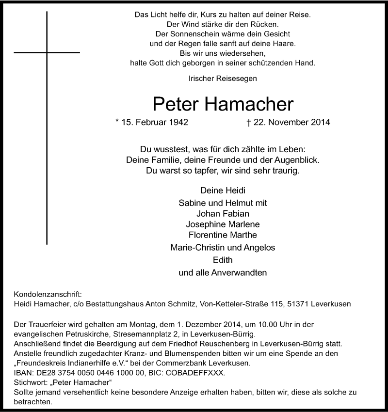  Traueranzeige für Peter Hamacher vom 27.11.2014 aus Kölner Stadt-Anzeiger / Kölnische Rundschau / Express