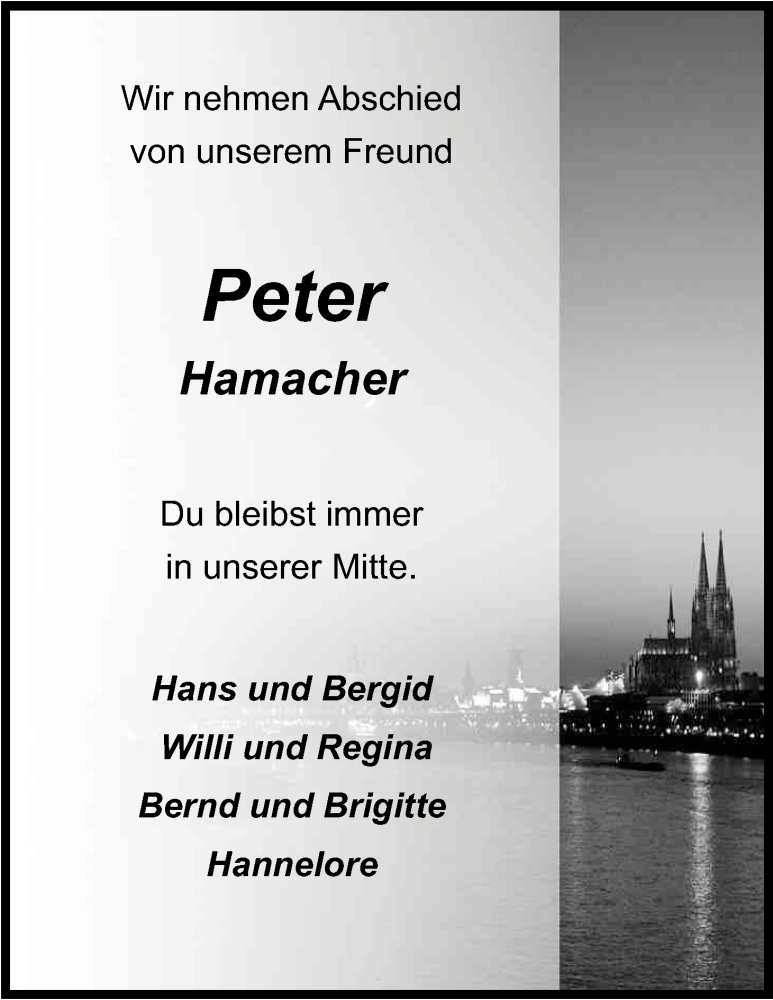  Traueranzeige für Peter Hamacher vom 27.11.2014 aus Kölner Stadt-Anzeiger / Kölnische Rundschau / Express