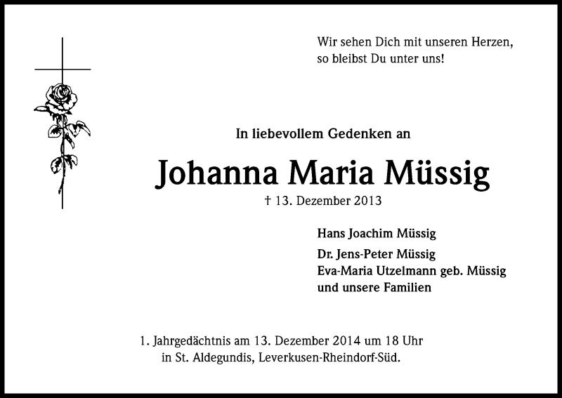  Traueranzeige für Johanna Maria Müssig vom 06.12.2014 aus Kölner Stadt-Anzeiger / Kölnische Rundschau / Express