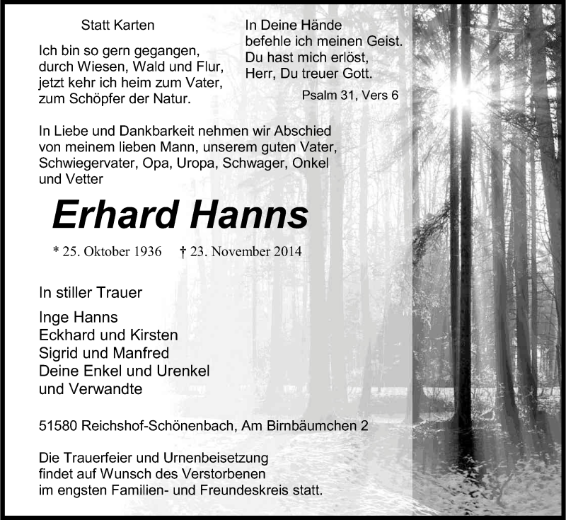  Traueranzeige für Erhard Hanns vom 26.11.2014 aus Kölner Stadt-Anzeiger / Kölnische Rundschau / Express