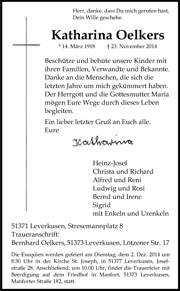  Traueranzeige für Katharina Oelkers vom 27.11.2014 aus Kölner Stadt-Anzeiger / Kölnische Rundschau / Express