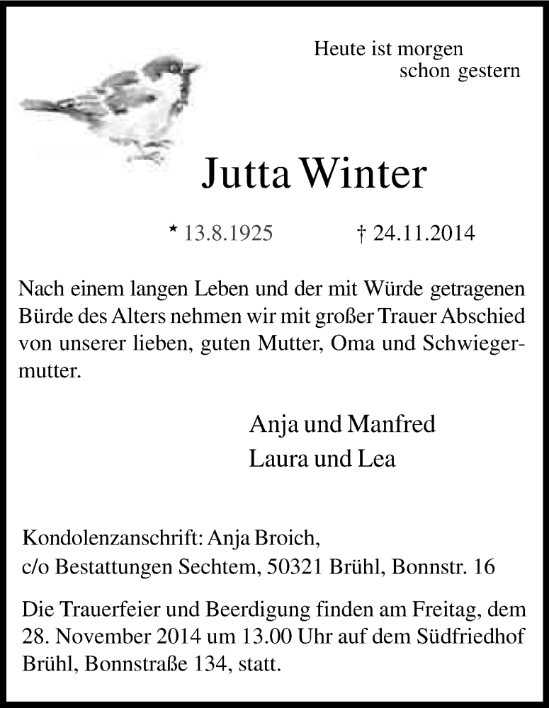  Traueranzeige für Jutta Winter vom 27.11.2014 aus Kölner Stadt-Anzeiger / Kölnische Rundschau / Express