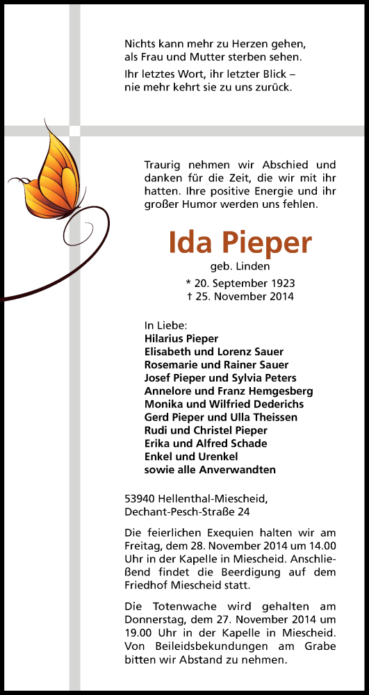  Traueranzeige für Ida Pieper vom 27.11.2014 aus Kölner Stadt-Anzeiger / Kölnische Rundschau / Express