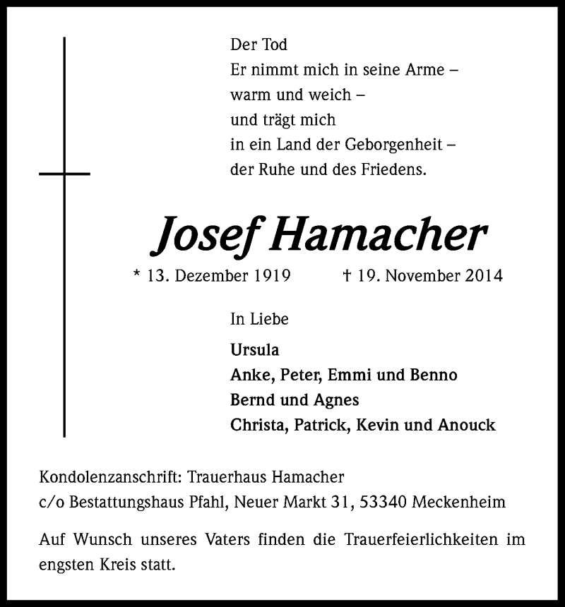  Traueranzeige für Josef Hamacher vom 27.11.2014 aus Kölner Stadt-Anzeiger / Kölnische Rundschau / Express