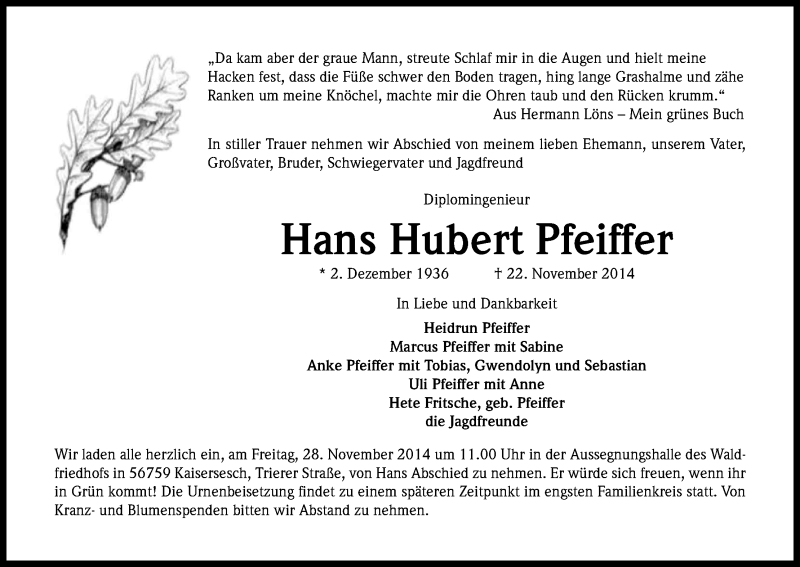 Traueranzeige für Hans Hubert Pfeiffer vom 27.11.2014 aus Kölner Stadt-Anzeiger / Kölnische Rundschau / Express