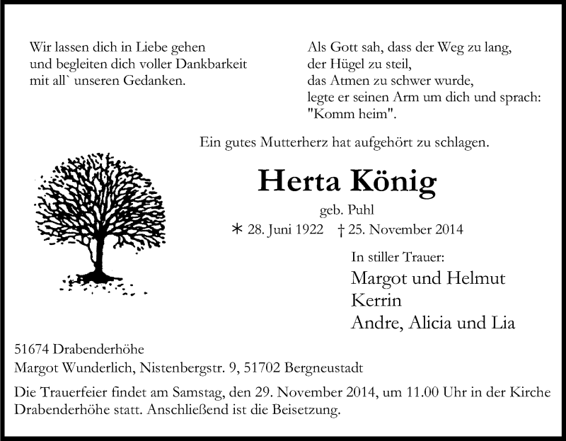  Traueranzeige für Herta König vom 27.11.2014 aus Kölner Stadt-Anzeiger / Kölnische Rundschau / Express