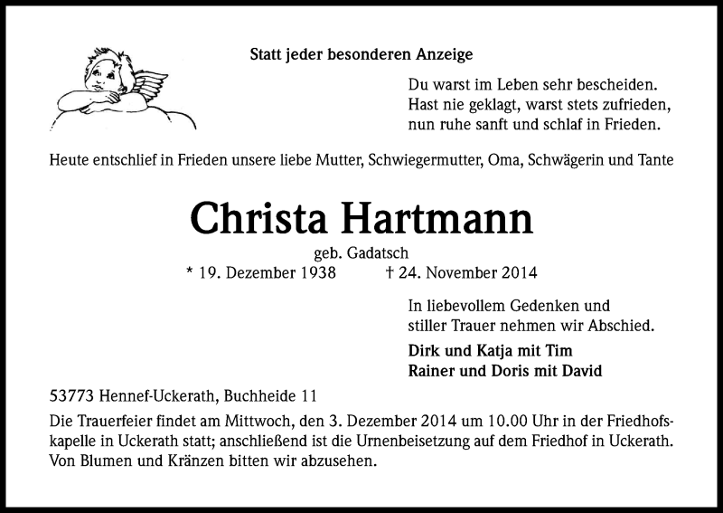  Traueranzeige für Christa Hartmann vom 27.11.2014 aus Kölner Stadt-Anzeiger / Kölnische Rundschau / Express