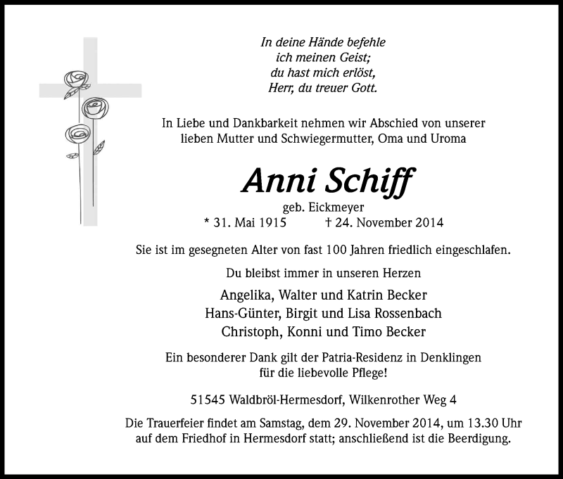  Traueranzeige für Anni Schiff vom 27.11.2014 aus Kölner Stadt-Anzeiger / Kölnische Rundschau / Express