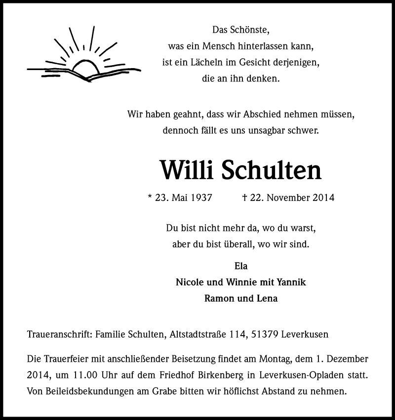  Traueranzeige für Willi Schulten vom 27.11.2014 aus Kölner Stadt-Anzeiger / Kölnische Rundschau / Express