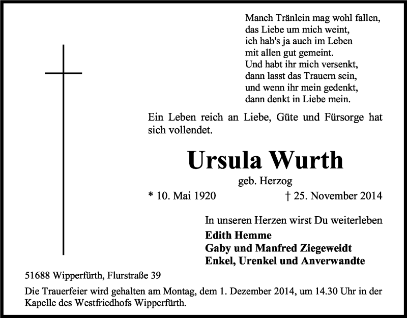  Traueranzeige für Ursula Wurth vom 27.11.2014 aus Kölner Stadt-Anzeiger / Kölnische Rundschau / Express