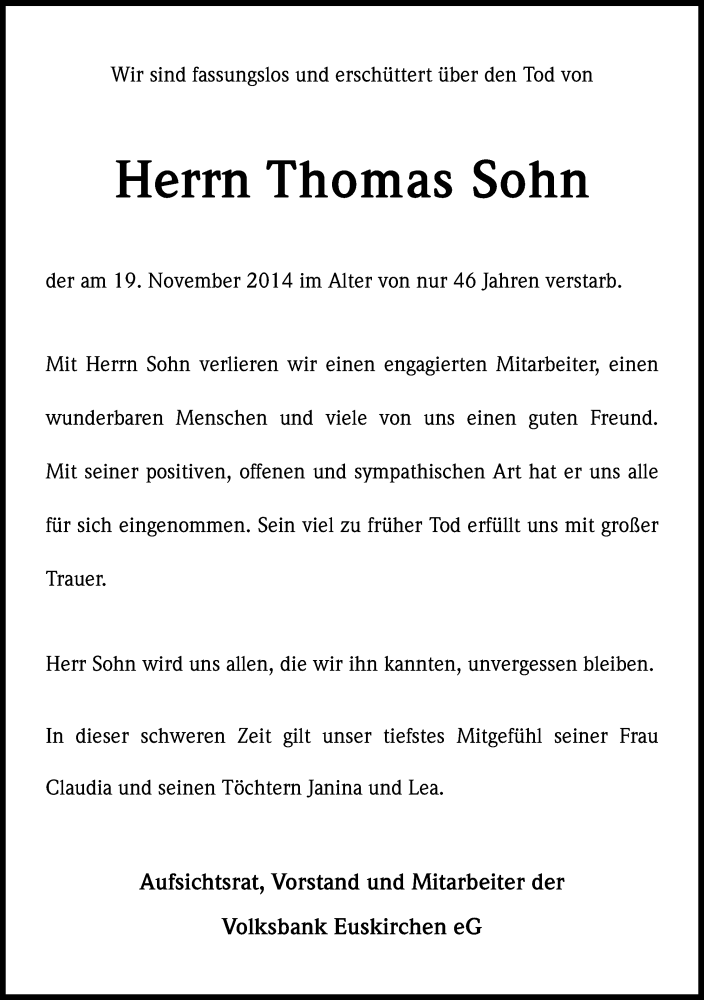 Traueranzeige für Thomas Sohn vom 27.11.2014 aus Kölner Stadt-Anzeiger / Kölnische Rundschau / Express