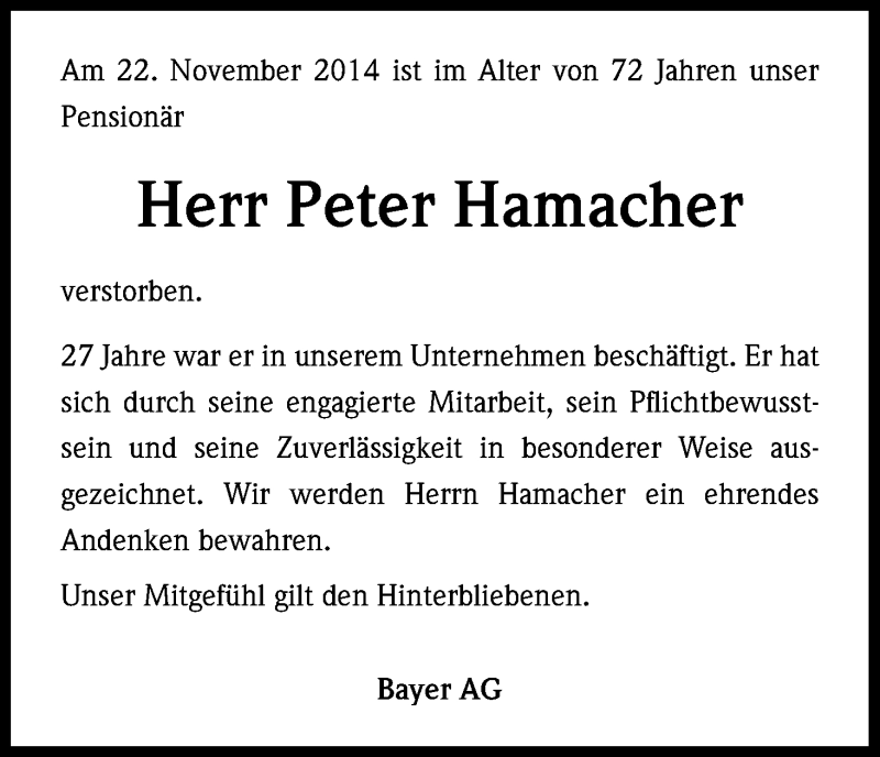  Traueranzeige für Peter Hamacher vom 28.11.2014 aus Kölner Stadt-Anzeiger / Kölnische Rundschau / Express