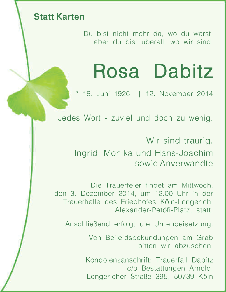  Traueranzeige für Rosa Dabitz vom 29.11.2014 aus Kölner Stadt-Anzeiger / Kölnische Rundschau / Express