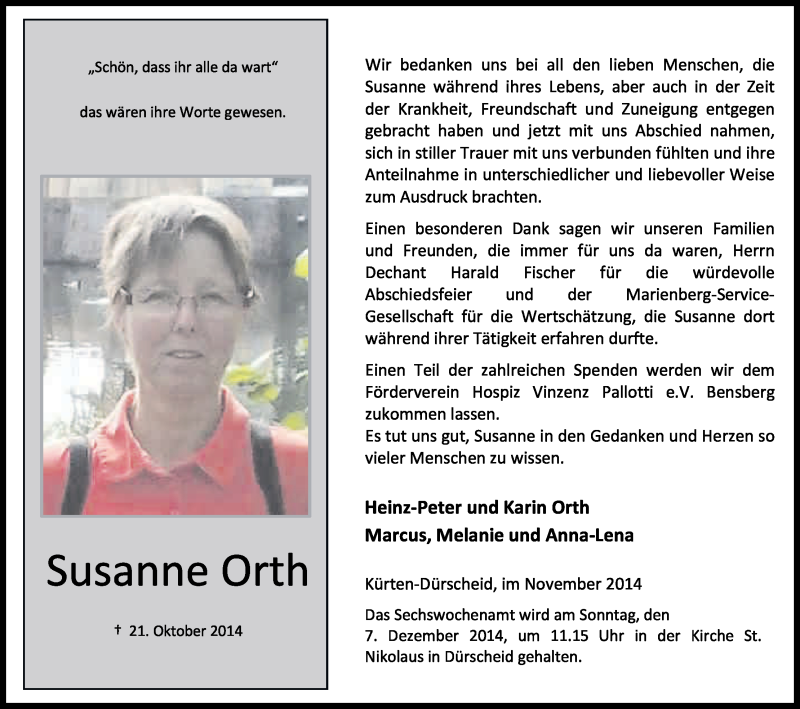  Traueranzeige für Susanne Orth vom 29.11.2014 aus Kölner Stadt-Anzeiger / Kölnische Rundschau / Express