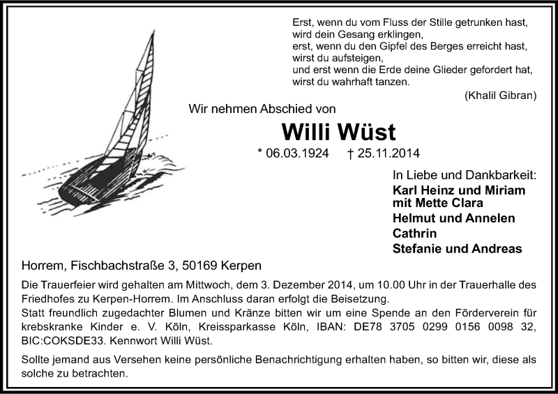  Traueranzeige für Willi Wüst vom 29.11.2014 aus Kölner Stadt-Anzeiger / Kölnische Rundschau / Express