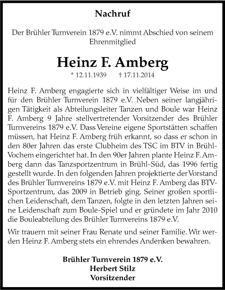  Traueranzeige für Heinz F. Amberg vom 29.11.2014 aus Kölner Stadt-Anzeiger / Kölnische Rundschau / Express