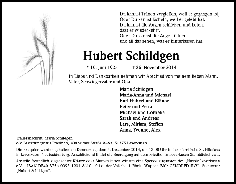  Traueranzeige für Hubert Schildgen vom 29.11.2014 aus Kölner Stadt-Anzeiger / Kölnische Rundschau / Express