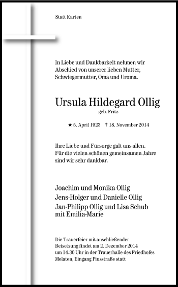 Anzeige von Ursula Hildegard Ollig von Kölner Stadt-Anzeiger / Kölnische Rundschau / Express