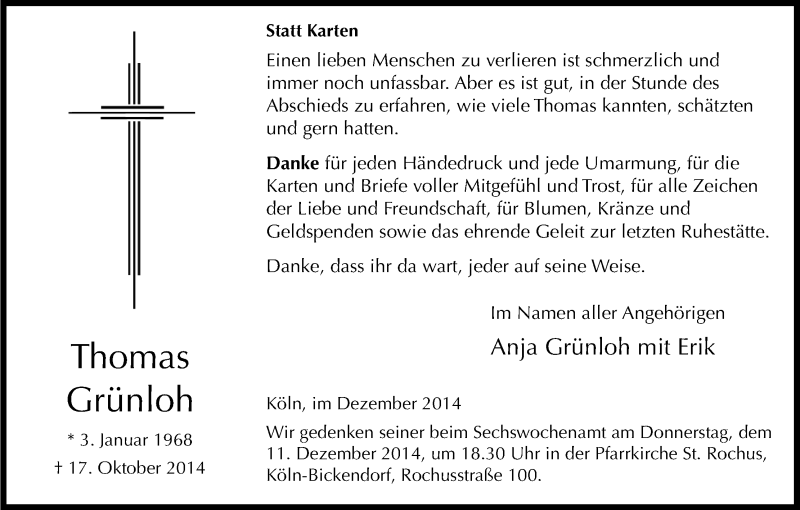  Traueranzeige für Thomas Grünloh vom 03.12.2014 aus Kölner Stadt-Anzeiger / Kölnische Rundschau / Express