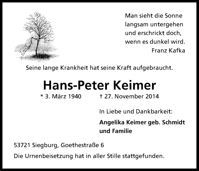  Traueranzeige für Hans-Peter Keimer vom 13.12.2014 aus Kölner Stadt-Anzeiger / Kölnische Rundschau / Express
