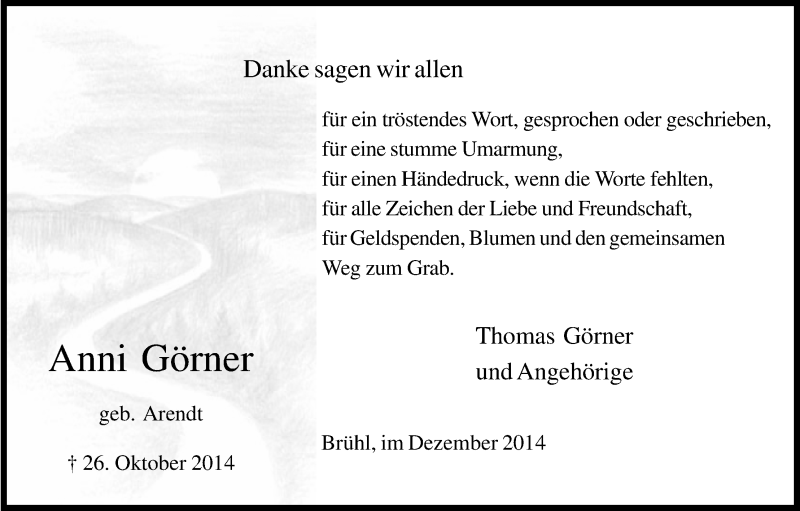  Traueranzeige für Anni Görner vom 03.12.2014 aus Kölner Stadt-Anzeiger / Kölnische Rundschau / Express