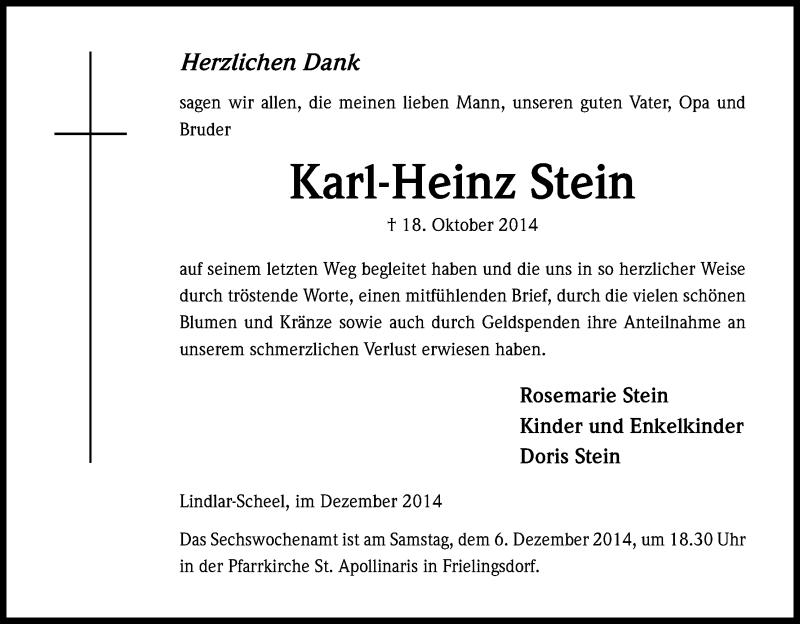  Traueranzeige für Karl-Heinz Stein vom 03.12.2014 aus Kölner Stadt-Anzeiger / Kölnische Rundschau / Express