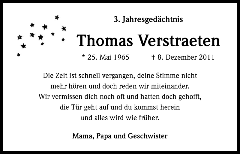  Traueranzeige für Thomas Verstraeten vom 08.12.2014 aus Kölner Stadt-Anzeiger / Kölnische Rundschau / Express
