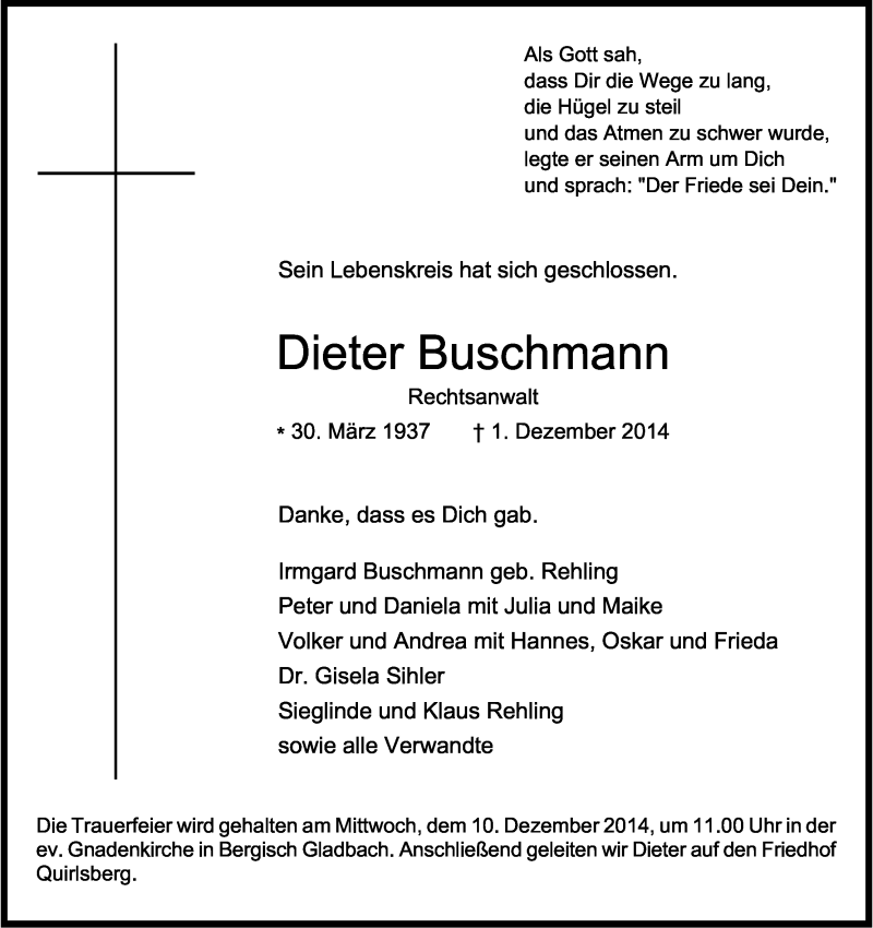  Traueranzeige für Dieter Buschmann vom 05.12.2014 aus Kölner Stadt-Anzeiger / Kölnische Rundschau / Express