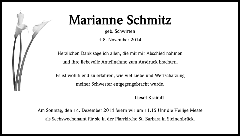  Traueranzeige für Marianne Schmitz vom 06.12.2014 aus Kölner Stadt-Anzeiger / Kölnische Rundschau / Express