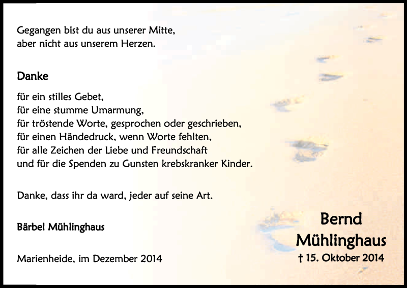  Traueranzeige für Bernd Mühlinghaus vom 06.12.2014 aus Kölner Stadt-Anzeiger / Kölnische Rundschau / Express
