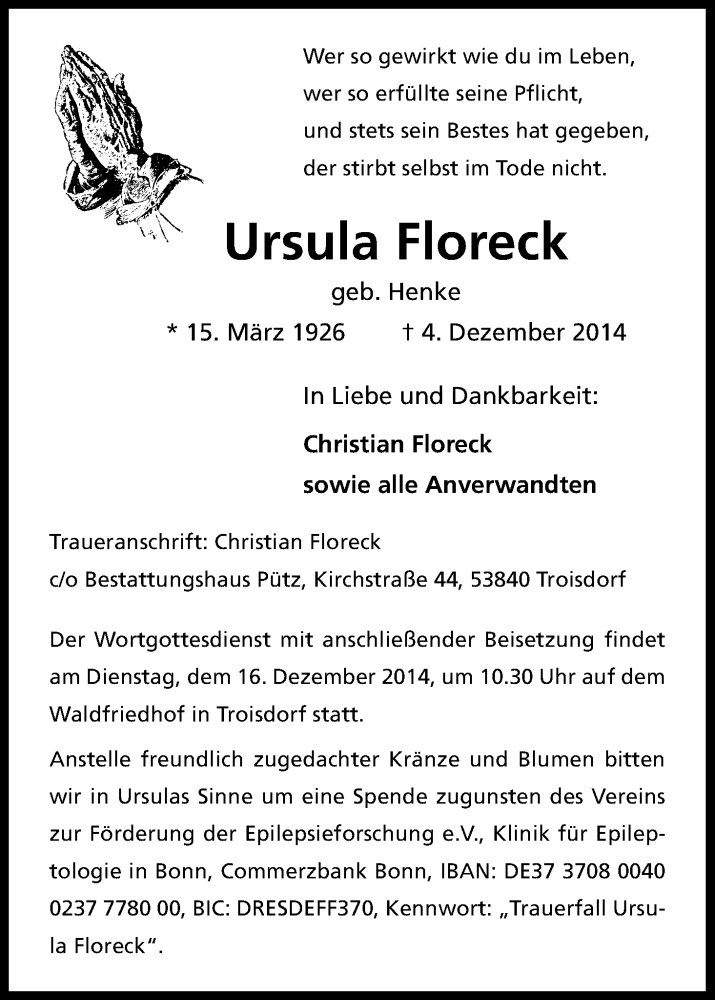 Traueranzeige für Ursula Floreck vom 06.12.2014 aus Kölner Stadt-Anzeiger / Kölnische Rundschau / Express