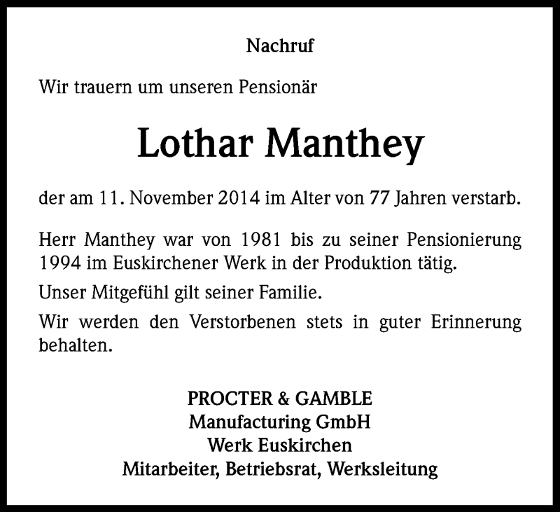  Traueranzeige für Lothar Manthey vom 06.12.2014 aus Kölner Stadt-Anzeiger / Kölnische Rundschau / Express