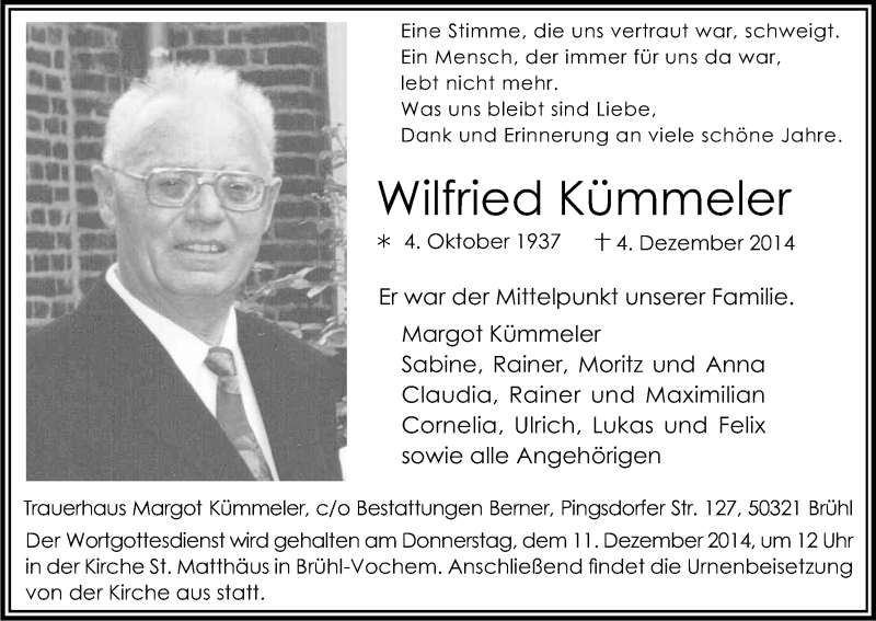  Traueranzeige für Wilfried Kümmeler vom 08.12.2014 aus Kölner Stadt-Anzeiger / Kölnische Rundschau / Express
